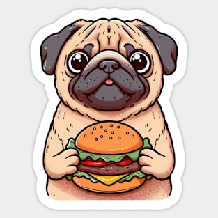 a Pug dog holding a burger illustration Sticker